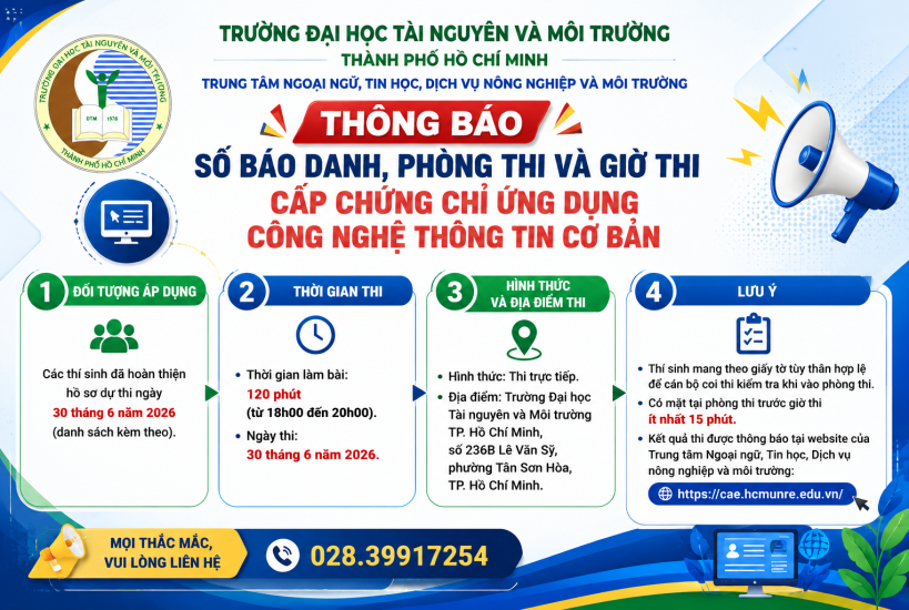 Thông báo số báo danh, phòng thi và giờ thi cấp Chứng chỉ Ứng dụng  Công nghệ Thông tin cơ bản          