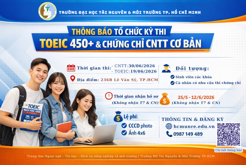 Thông báo tổ chức kì thi cấp chứng chỉ Ứng dụng Công nghệ thông tin cơ bản và chứng nhận Toeic 450+ Nội bộ T6